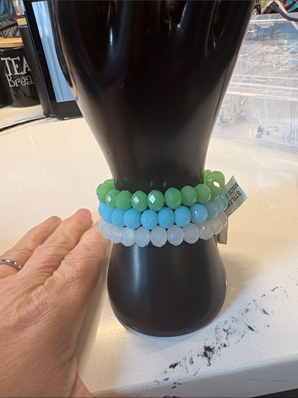 Faceted Bead Stretch Bracelet Set - Green, Blue & White